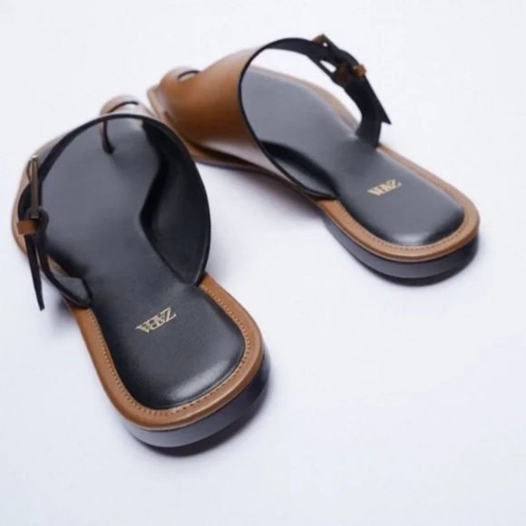 NWT ZARA Asymmetric Flat Genuine Leather Sandals With Buckler - Picture 3 of 7